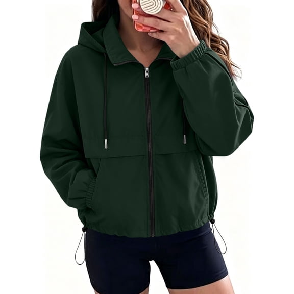 Lightweight Rain Jacket for Women Solid Hooded Waterproof Windbreaker Jacket Packable Outdoor Hiking Full Zip Casual Outerwear with Adjustable Hem
