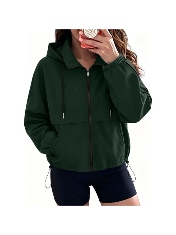 Lightweight Rain Jacket for Women Solid Hooded Waterproof Windbreaker Jacket Packable Outdoor Hiking Full Zip Casual Outerwear with Adjustable Hem
