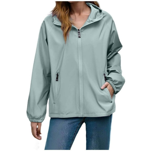 Lightweight Rain Jacket for Women with Hood Zipper Pockets Windproof Waterproof Thin Raincoat Plus Size Hiking Coat (L, Mint Green)