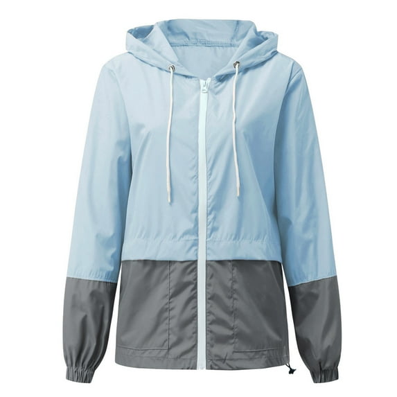 Lightweight Rain Jackets for Women with Hood Waterproof Colorblock Drawstring Zip up Hoodie Coat Thin Sweatshirt (3X-Large, Sky Blue)