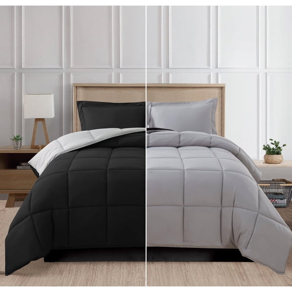 Lightweight Reversible 3-Piece Comforter Set All Seasons, Down Alternative Comforter with 2 Pillow Shams Full/Queen,Black/Silver