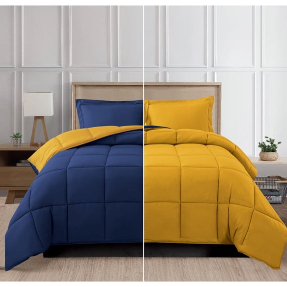 Lightweight Reversible 3-Piece Comforter Set All Seasons, Down Alternative Comforter with 2 Pillow Shams Full/Queen,Navy/Yellow