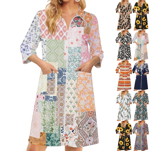 Lightweight Robes for Women Zipper 3/4 Length Sleeve Summer Bathrobes for Women Zipper Front Knee Length Maple Leaf Print Plus Size Bathrobe Nightgown with Pockets White L