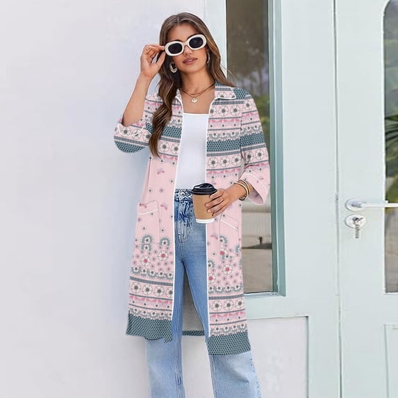 Lightweight Robes for Women Zipper 3/4 Sleeve Summer Bathrobes for Women Zip Up Front Knee Length Western Ethnic Style Casual Pajama Loungewear with Pockets Pink XXXL
