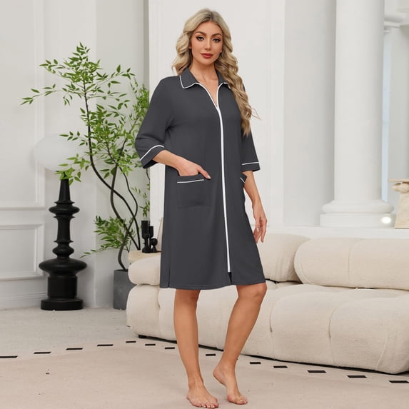 Lightweight Robes for Women Zipper Loose Fit Bathrobes for Women Zip Up Front 3/4 Sleeve Knee Length Fashion Sleepwear Nightgown with Pockets Dark Gray M