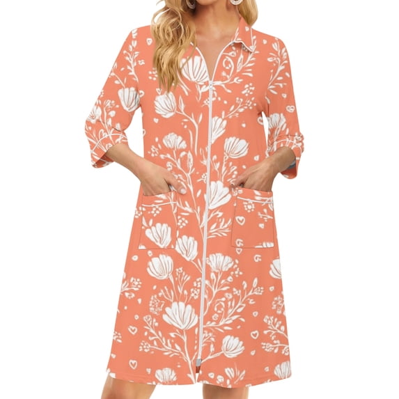 Lightweight Robes for Women Zipper Loose Fit Womens Bathrobe Zipper Front 3/4 Sleeve Knee Length Vintage Floral Print Trendy Pajama Sleepwear with Pockets Orange XL