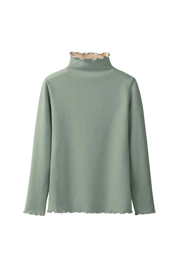 Lightweight Ruffle Mock Neck Tops Ribbed Lettuce Trim Soft Base Layer For Women-Green