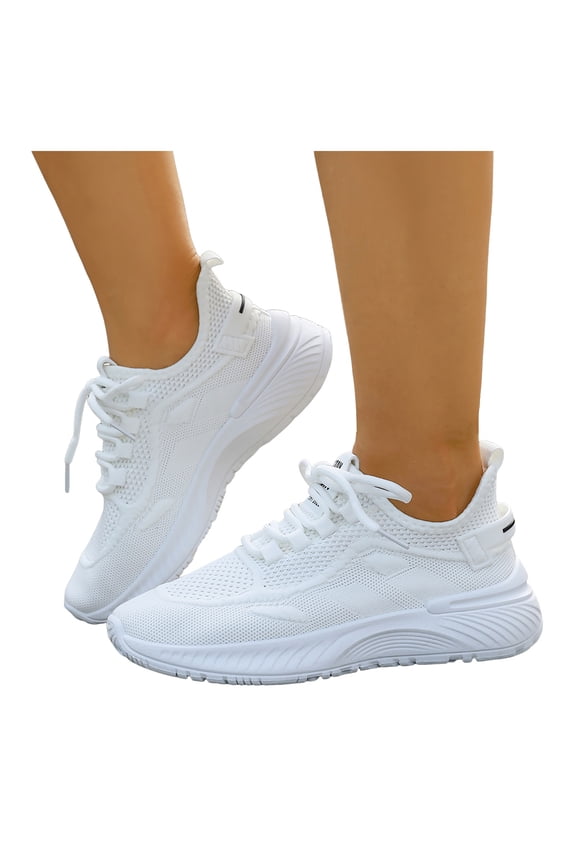 Lightweight Running Shoes for Women Comfortable Non Slip Lace Up Sneakers Casual Breathable Tennis Shoes White Size 7.5