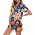 thumbnail image 1 of Lightweight Satin Style Womens Pajama Set Short Sleeve Top Matching Shorts Button Colorful Print Home Outfit, 1 of 4