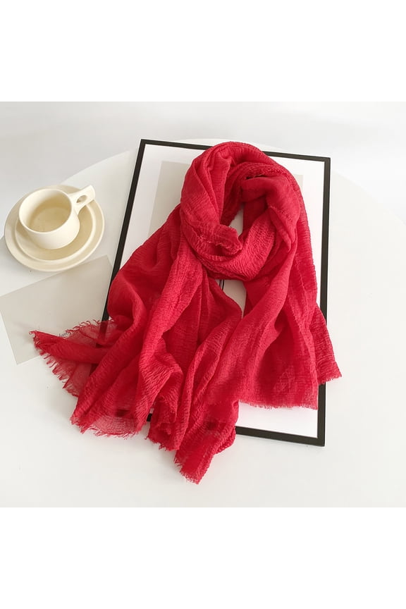Lightweight Scarf, Soft Cotton Linen Blend Scarf with Fringe Trim, Versatile Shawl Wrap for Women, All Season Elegant Scarf for Travel and Daily Wear-Red