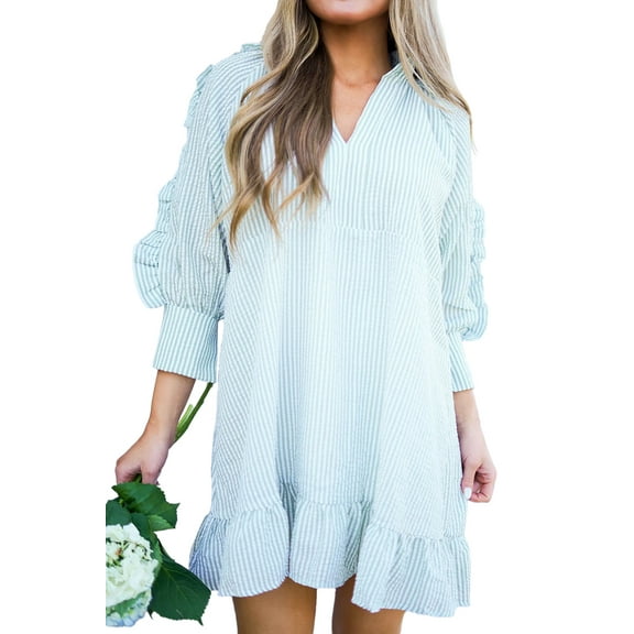 Lightweight Seersucker Mini Dress: Ruffled Puff Sleeves, Stand Neck - Myosotis Blue