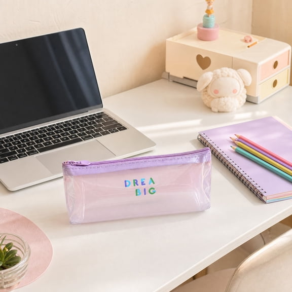 Lightweight Semi-Transparent Water-Repellent PVC Inspirational Positive Quote Pencil Pouch Contrast Pastel Rectangular Storage Organizer for Office Desk