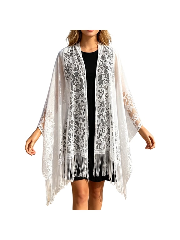 Lightweight Shawl,Beach Cover Up for Women,Elegant Evening Cape Beachwear,Trending Summer Vacation Wrap,Resort Travel Accessory Sheer Poncho Dressy Layer,White