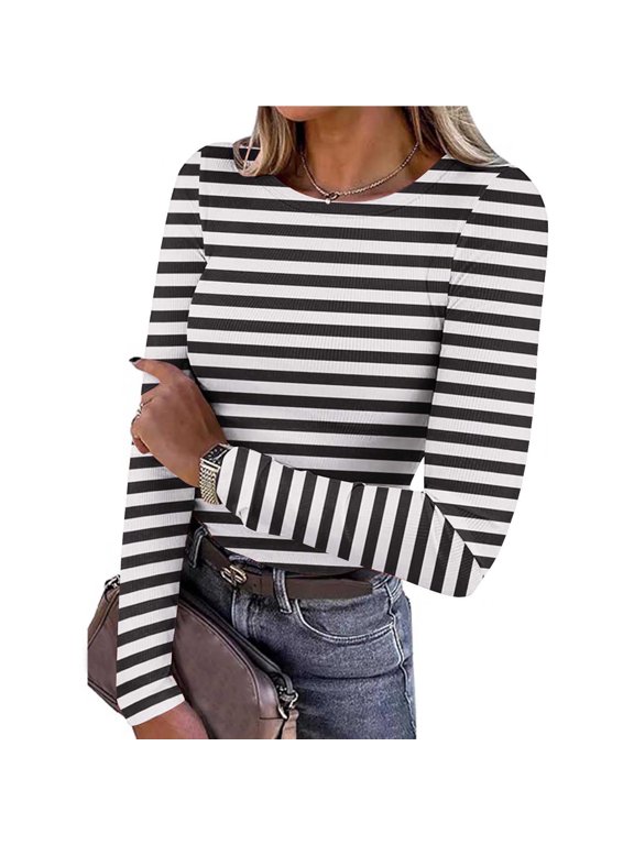 Lightweight Shirts for Women Rob Knit Crew Neck Long Sleeve Striped Tops Black S