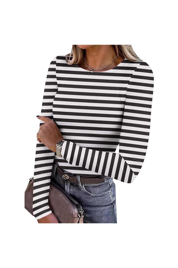 Lightweight Shirts for Women Rob Knit Crew Neck Long Sleeve Striped Tops Black S