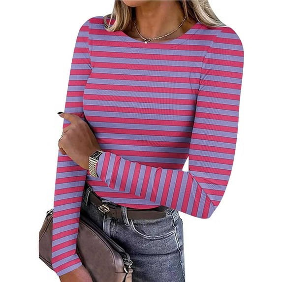 Lightweight Shirts for Women Rob Knit Crew Neck Long Sleeve Striped Tops Hot Pink M