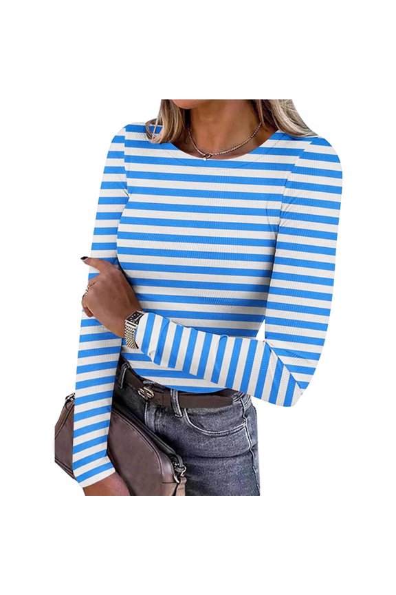 Lightweight Shirts for Women Rob Knit Crew Neck Long Sleeve Striped Tops Light Blue L