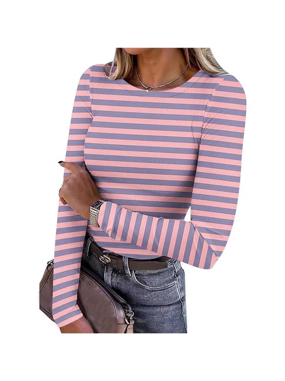 Lightweight Shirts for Women Rob Knit Crew Neck Long Sleeve Striped Tops Pink L