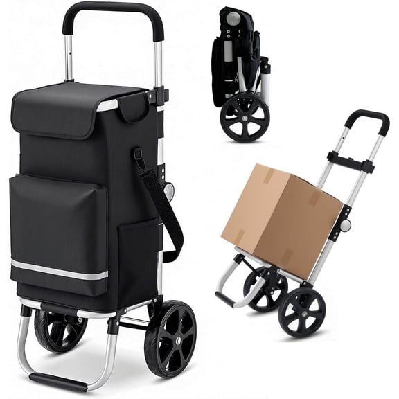 Lightweight Shopping Cart with Wheels, Foldable Grocery Trolley for Supermarket & Teachers, Rolling Utility Crate with Insulated Cooler, Adjustable Handle, 110 lbs