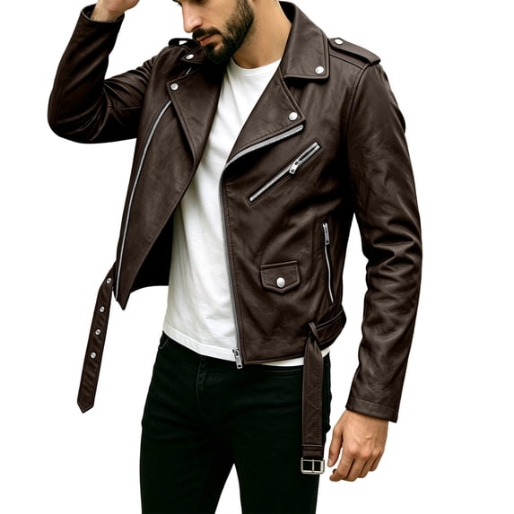 Lightweight Short Faux Leather Biker Jacket Men - Punk Gothic Coat Classic Rock Streetwear Belted Jacket No Hood Moto Jacket Outerwear Brown