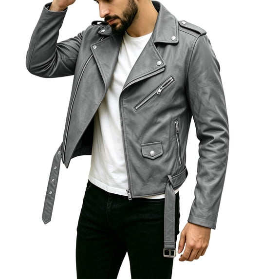 Lightweight Short Faux Leather Biker Jacket Men - Punk Gothic Coat Classic Rock Streetwear Belted Jacket No Hood Moto Jacket Outerwear Dark Gray