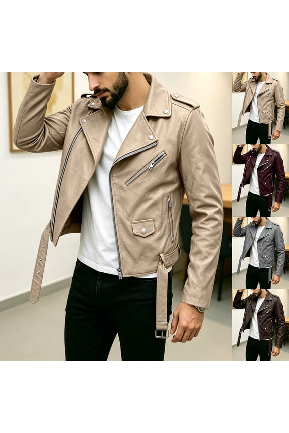 Lightweight Short Faux Leather Biker Jacket Men - Punk Gothic Coat Classic Rock Streetwear Belted Jacket No Hood Moto Jacket Outerwear Khaki