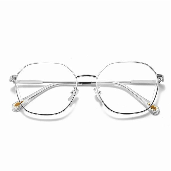 Lightweight Silver Metal Eyeglasses, Polygon Frame, Anti Blue Light Fashion Eyewear for Men Women