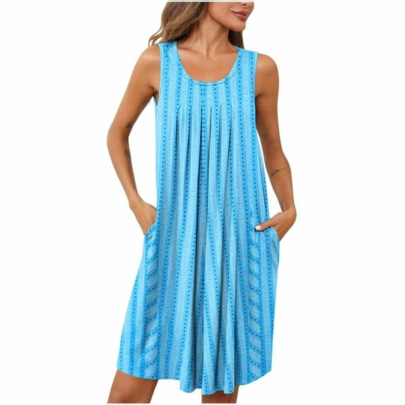 Lightweight Sleepwear for Women New Tank Dresses for Women Nightgowns Cotton Sleeveless Pleated Camis Dress with Pockets Sleep Dress Comfy Beach Coverup Sky Blue S
