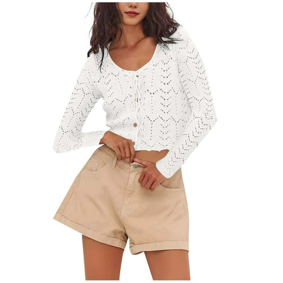 Lightweight Soft Cardigan for Women New Womens Long Sleeve Tie Front Cardigan V-Neck Button down Crochet Knit Sweater Lightweight Cropped Outerwear White L