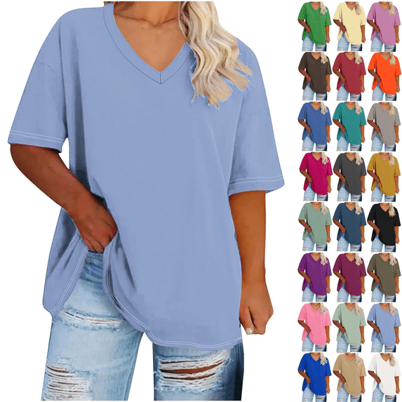 Lightweight Soft Casual Summer Outfits Clothes 2025 V Neck Tops for Women T-Shirts Short Sleeve Fashion Trendy Light Blue M