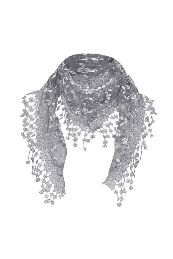 Lightweight Soft Leaf Lace Fringes Triangular Floral Fashion Towel Scarf Wrap for Women Gray