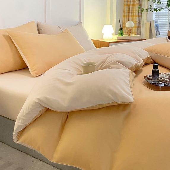 Lightweight Soft Washed Cotton Four Piece Bedding Set for Dormitory Bed - Comfortable, Fitted Sheet, Pillowcases, and Duvet Cover