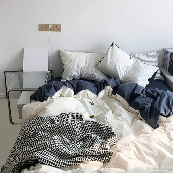 Lightweight Soft Washed Cotton Four Piece Bedding Set for Dormitory Bed - Comfortable, Fitted Sheet, Pillowcases, and Duvet Cover