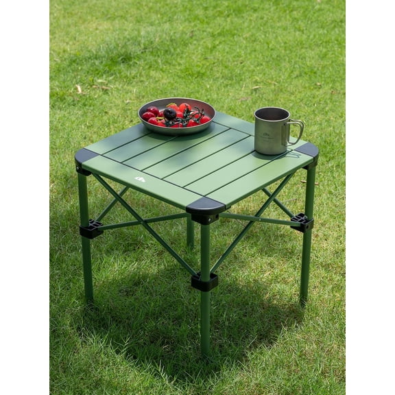 Lightweight Stable Alu. Folding Square Table Roll Up Top with Carry Bag for Camping Picnic Backyards BBQ Camp Kitchen (Green, S)