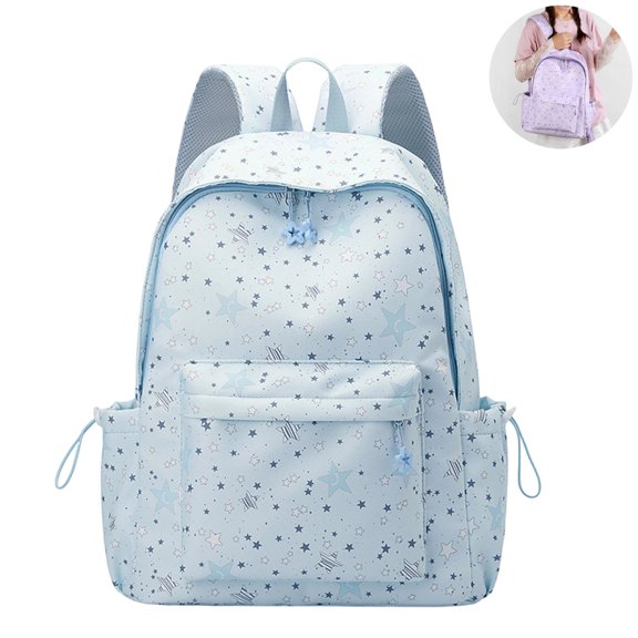 Lightweight Star Print Casual Backpack, Soft Nylon Multi Pocket Daypack with Star Zipper Pulls, Cute Aesthetic Star Pattern Rucksack for Daily Commute Travel Gym Outdoor Work