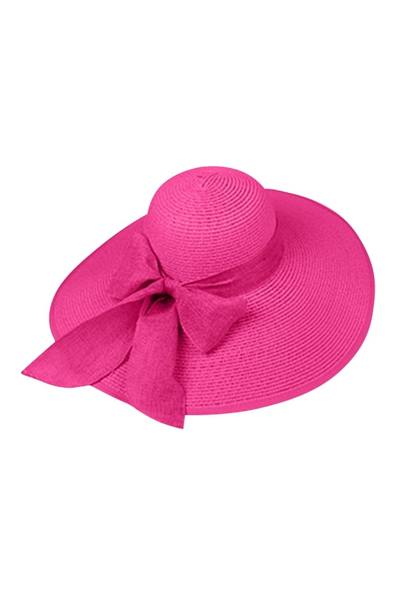 Lightweight Straw Floppy Sun Hat for Women, Large Brim Sun Protection Hat with Bow Accent Hot Pink