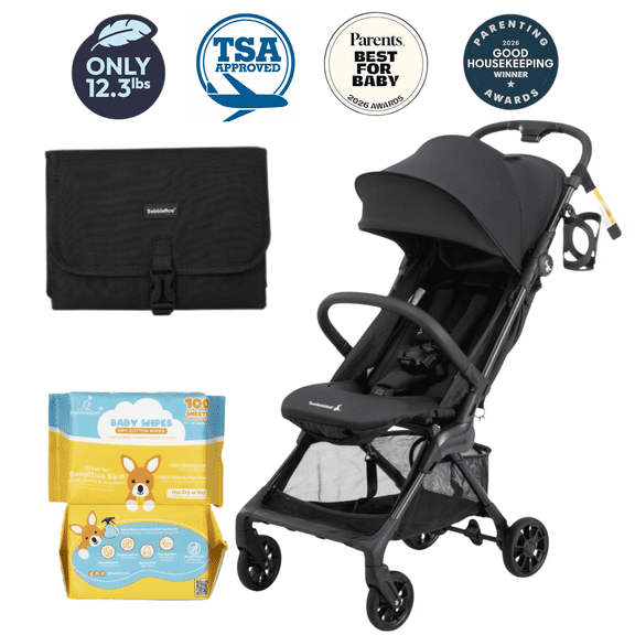 Babbleroo travel premium bundle- jetblack stroller, black changing pad and 2 dry wipes bundle