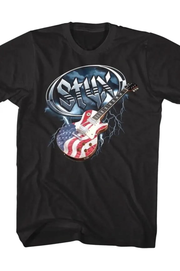 Lightweight, Styx USA Guitar Men's T-Shirt - Black Rock Band Merch with American Flag & Lightning Design, All-Season Cotton Family Tee, Machine Washable, Casual Wear|Music Fan Gear|Knitted Fabric