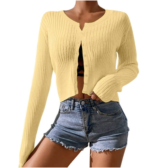 Lightweight Summer Cardigan Cropped New Lightweight Sweaters for Women Long Sleeve Button down Crew Neck Cardigans Casual Knit Fall Outfits Yellow M