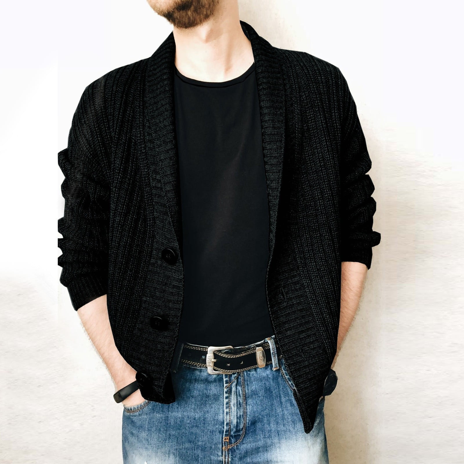 Lightweight Summer Cardigan Men s Solid Color Lapel Single Knit Cardigan Sweater Coat Black