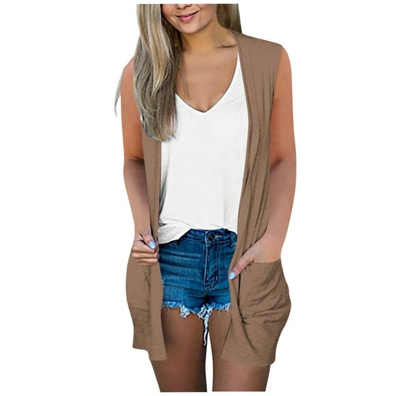 Lightweight Summer Cardigan for Office New Women's Sleeveless Cardigan Lightweight Loose Summer Casual Open Front Long Sweaters Vests with Pockets Khaki M