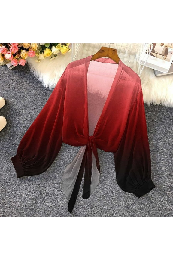 Lightweight Summer Cardigan for Women New Women's Summer Fashion Gradient Long Sleeve Open Front Chiffon Cardigan Lightweight Tie Front Tops Multicolor M