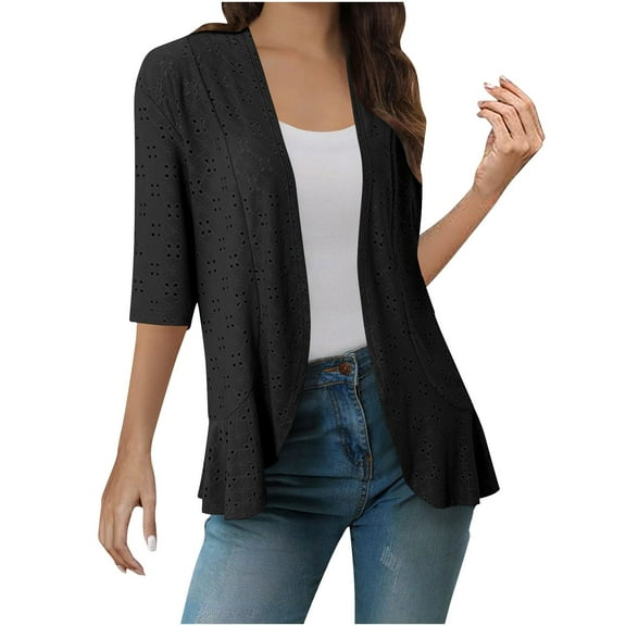 Lightweight Summer Cardigan for Women Spring Netted Knit Ruffle Half Sleeve Kimono Cover Ups