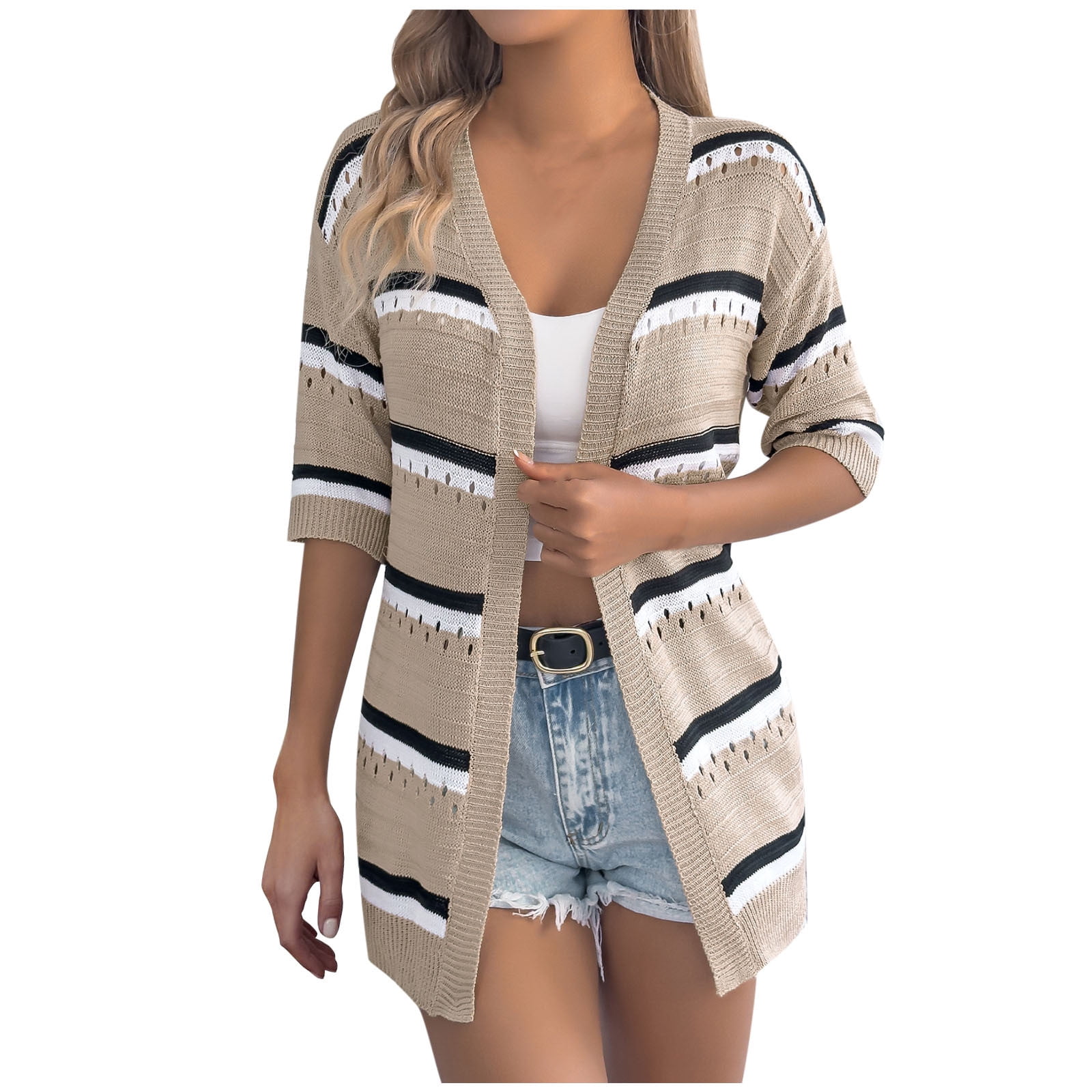 Mafulus Women's Crochet Kimono Cardigan - Boho Oversized Open Front, Lightweight Knit, Long Sleeve, Camel Apricot - View #3