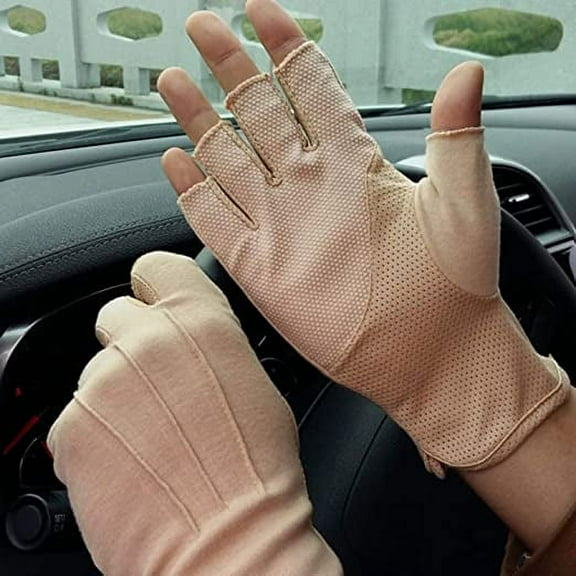 Lightweight Summer Fingerless Gloves Men Women UV Sun Protection Driving Cotton Gloves Nonslip Touchscreen Gloves-Beige