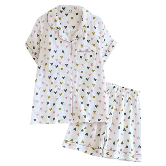 Lightweight Summer Pajamas Women Summer Thin Love Print Soft Lapel Short Sleeve Shorts Home Clothes Set
