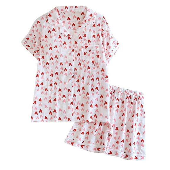 Lightweight Summer Pajamas Women Summer Thin Love Print Soft Lapel Short Sleeve Shorts Home Clothes Set