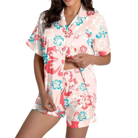 Lightweight Summer Pajamas Women's Pajamas Set Casual Print Short Sleeve Button Down Shirt Pajamas Shorts Set Pajamas