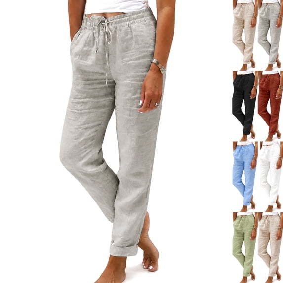 Lightweight Summer Pants Women 2026 Trendy Drawstring Elastic Waist Linen Palazzo Pants Casual Petite Trouser with Pockets Gray XL