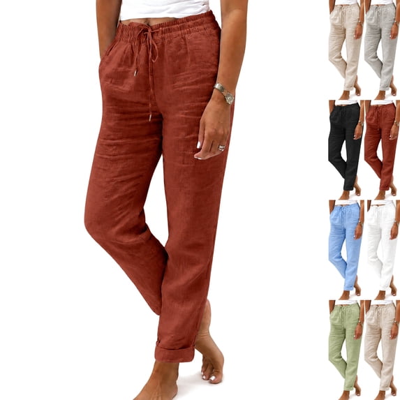 Lightweight Summer Pants Women 2026 Trendy Drawstring Elastic Waist Linen Palazzo Pants Casual Petite Trouser with Pockets Red M